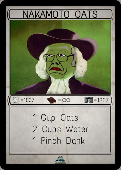 Ordistorians's tweet photo. Ordistorians
Series 0
Card 18

Nakamoto Oats by Cris Storm

Also part of the @DankDirectory on XCP
https://t.co/NJwLaPqTc2 https://t.co/M4CkMhv6P5