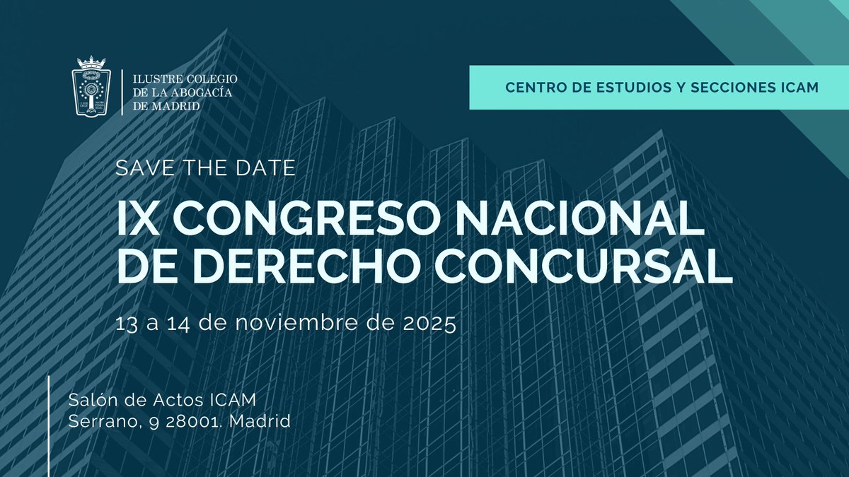📢 IX Congreso Nacional de Derecho Concursal
📍 Madrid | Presencial

Con magistrados/as y expertos/as de toda España para debatir los retos de la reforma concursal.
📌 Reestructuración, ICO, microempresas, concurso sin masa y más.

🔗 icam.es/cursos/cache/P…
#DerechoConcursal