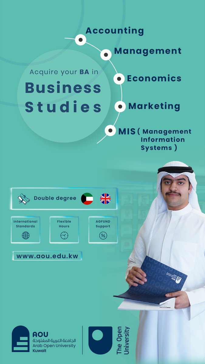 مستقبلك يبدأ من هنا!

في الجامعة العربية المفتوحة في الكويت ، نمنحك الفرصة لتكتب قصة نجاحك ، وتحقّق طموحك، وتصنع غدك بنفسك ، طموح بلا قيود

سجل الآن  aou.edu.kw