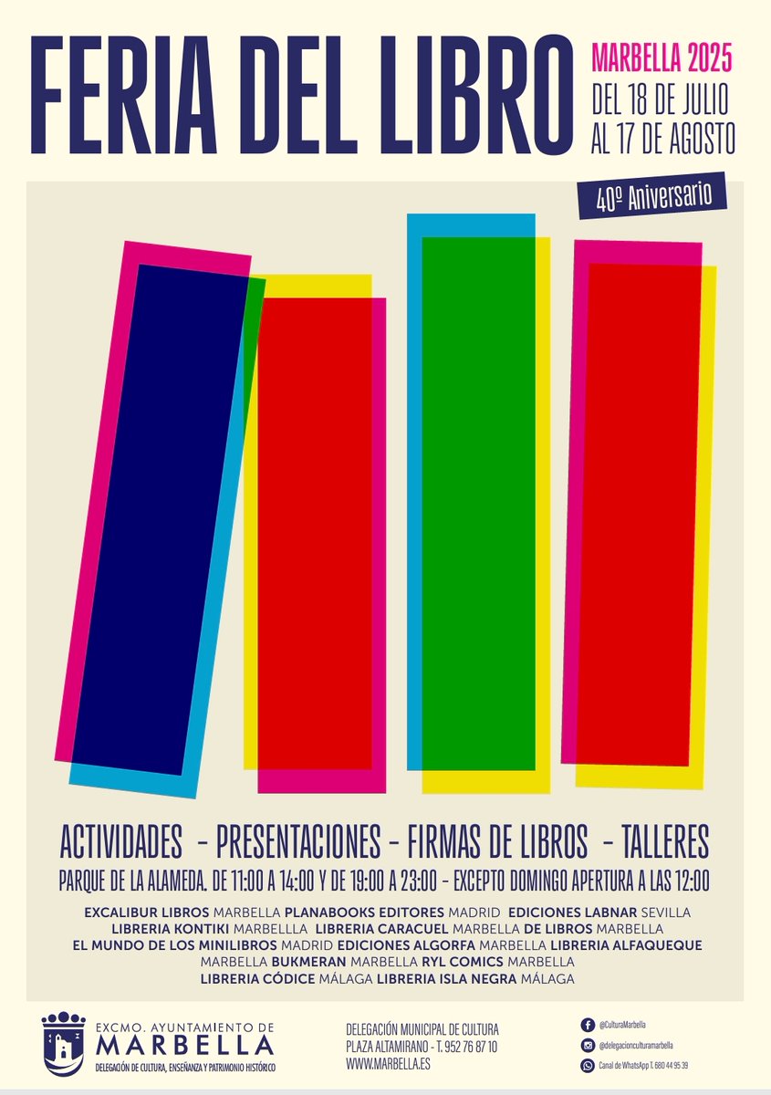 📚 La Feria del Libro de Marbella abre hoy sus puertas en el Paseo de la Alameda

➡️ Cerca de 30 autores, presentaciones de libros, actividades infantiles, encuentros literarios y firmas de ejemplares te esperan

ℹ️ Más información 👉 marbella.es/agenda/cultura…