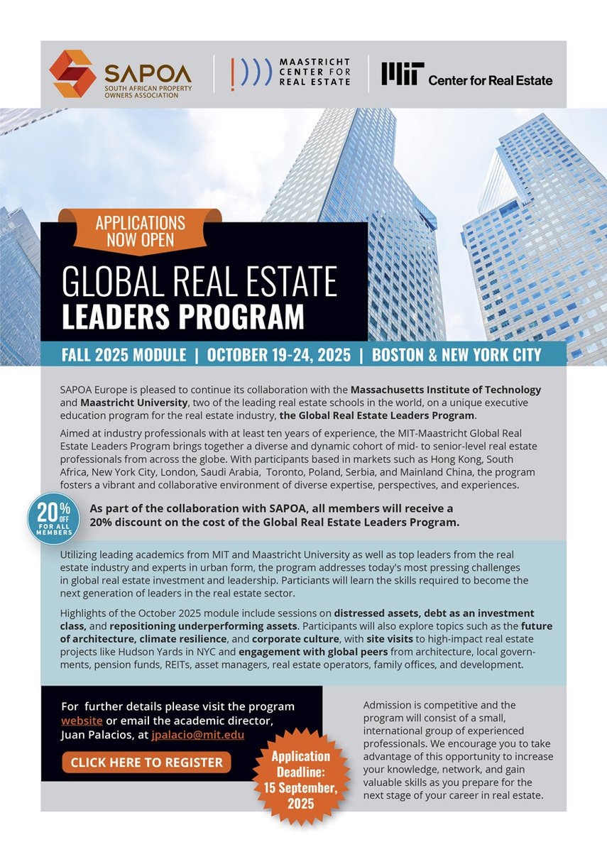 SAPOA (@sapoa_sa) on Twitter photo Lead with insight in global property arena
Applications open, Global Real Estate Leaders Programme, 19 to 24 Oct 2025: Boston + New York.
Applications close 15 Sept. SAPOA members -20%
Email academic director Juan Palacios: jpalacio@mit.edu
More: globalrealestateleaders.com Lead with insight in global property arena
Applications open, Global Real Estate Leaders Programme, 19 to 24 Oct 2025: Boston + New York.
Applications close 15 Sept. SAPOA members -20%
Email academic director Juan Palacios: jpalacio@mit.edu
More: globalrealestateleaders.com