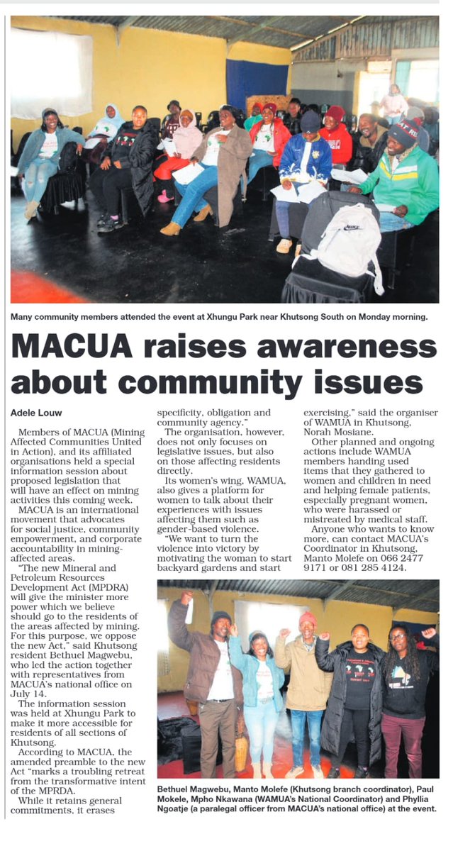 macua_sa's tweet image. This week, MACUA and WAMUA brought the conversation to Khutsong, unpacking the MPRDA Amendment Bill and what it really means for mining-affected communities.

The community raised concerns about the Bill giving more power to the minister while erasing the rights and voices of…