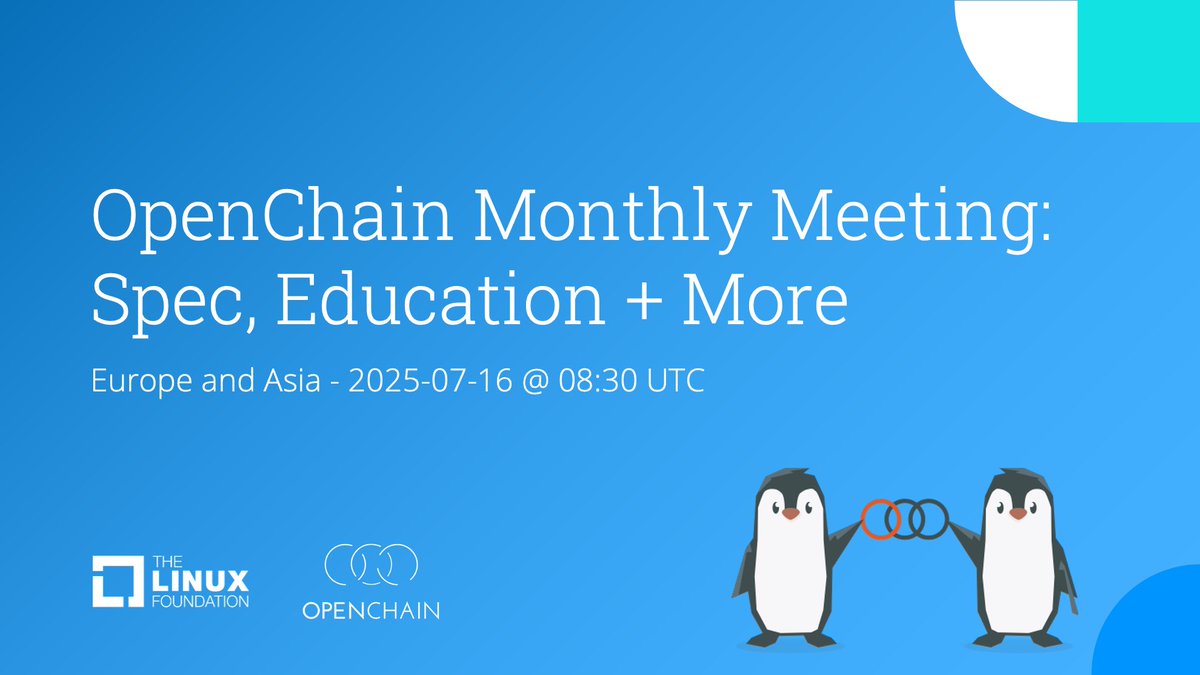 openchainproj's tweet image. RECORDING: OpenChain Monthly Specification and Education Call (Europe – Asia) – 2025-07-16
• New Work Group Chairs
• Education Work Group next steps
• Draft AI Compliance Guide
• Approvals for updates to standards
• SPDX Operations Profile
Here:
hubs.la/Q03xP2RK0