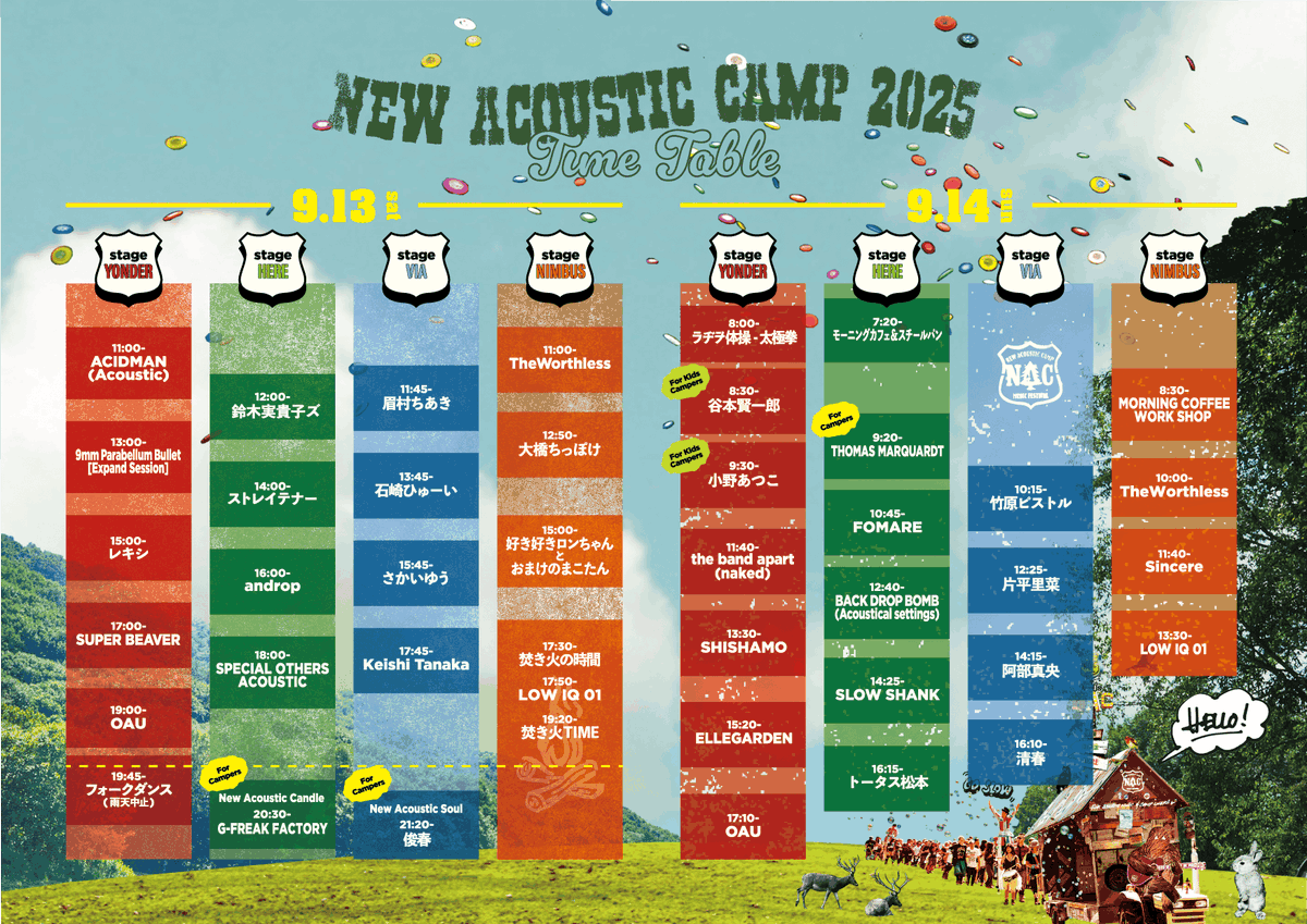 bandwagon0718's tweet image. 【#竹原ピストル イベントタイムテーブル】
9/14(日)出演
「New Acoustic Camp 2025  〜わらう、うたう、たべる、ねっころがる。〜」
タイムテーブル発表！！

竹原ピストルは10:15～STAGE VIAでお待ちしております！

詳細はこちら
newacousticcamp.com