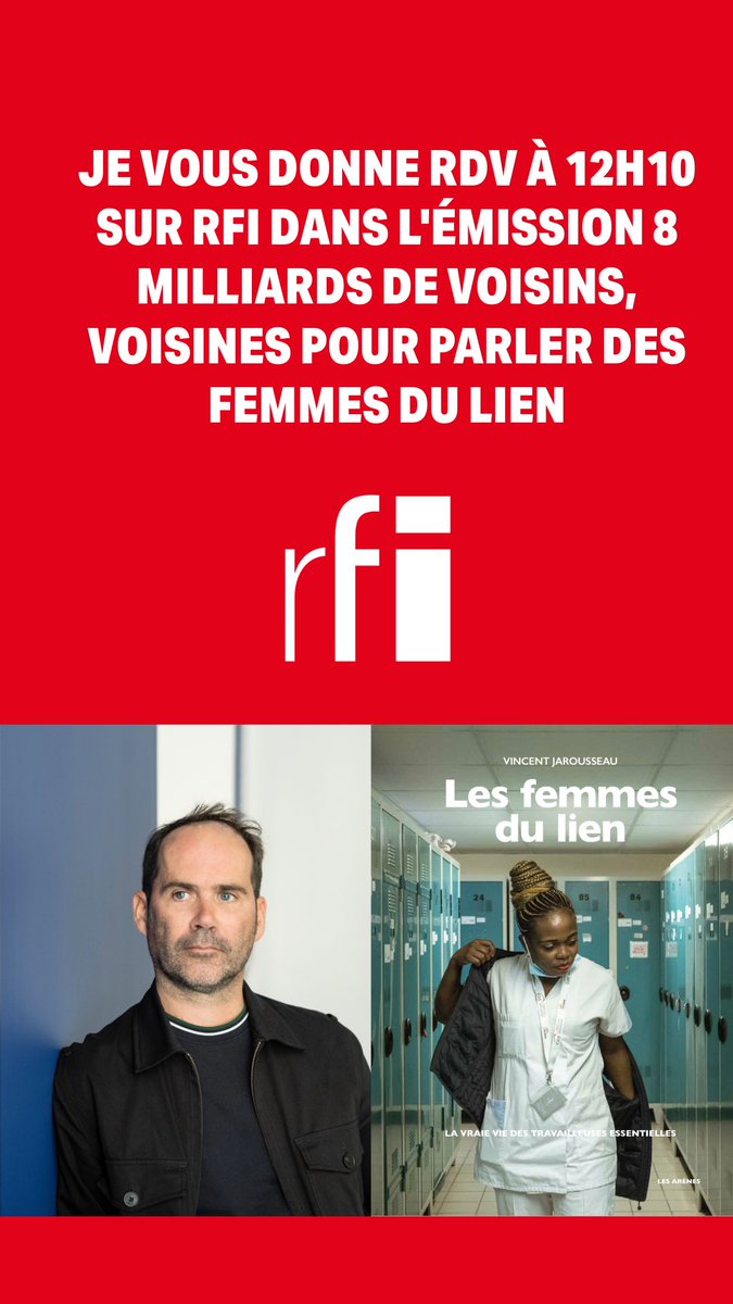 Vincent Jarousseau (@vincejarousseau) on Twitter photo Je suis invité ce vendredi à 12h10 dans l’émission 8 milliards de voisins et de voisines sur <a href="/RFI/">RFI</a> présentée par <a href="/Garcia1Laurence/">Laurence Garcia</a> pour parler des femmes du lien avec la sociologue Véronique Bayer.
<a href="/les_arenes/">Éditions Les Arènes</a> Je suis invité ce vendredi à 12h10 dans l’émission 8 milliards de voisins et de voisines sur <a href="/RFI/">RFI</a> présentée par <a href="/Garcia1Laurence/">Laurence Garcia</a> pour parler des femmes du lien avec la sociologue Véronique Bayer.
<a href="/les_arenes/">Éditions Les Arènes</a>
