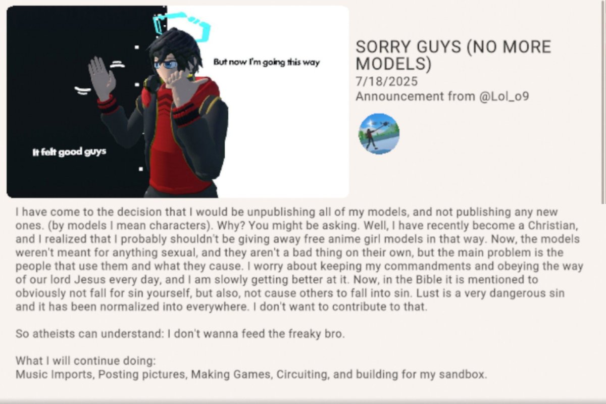 lol_o_nine's tweet image. &lt; Today's update &gt;
- Small Rec-Crashout (I'm not publishing my models anymore, people have made nsfw content with them, and I felt great sorrow after seeing it. It is truly horrible.)
- Random picture of Lol throwing mini Lol into the Sun
#recroom #recroomvr #vrchat #3DModels