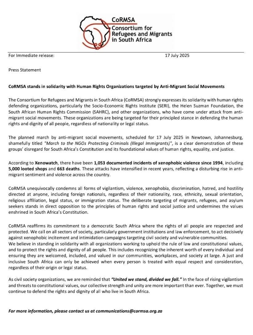 #Consortium for #Refugees and #Migrants #SouthAfrica 
Press Releases 

*We continue to stand firmly in solidarity with the Socio-Economic Rights Institute of South Africa (SERI) and all human rights defender organisations working tirelessly to uphold the values enshrined in our