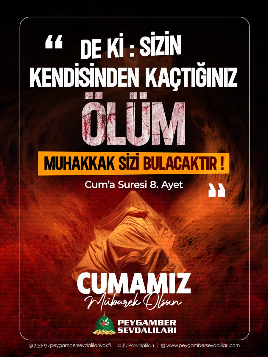 “De ki: Sizin kendisinden kaçtığınız ölüm, muhakkak sizi bulacaktır.”
(Cum’a Suresi, 8. Ayet)

#hayırlıcumalar