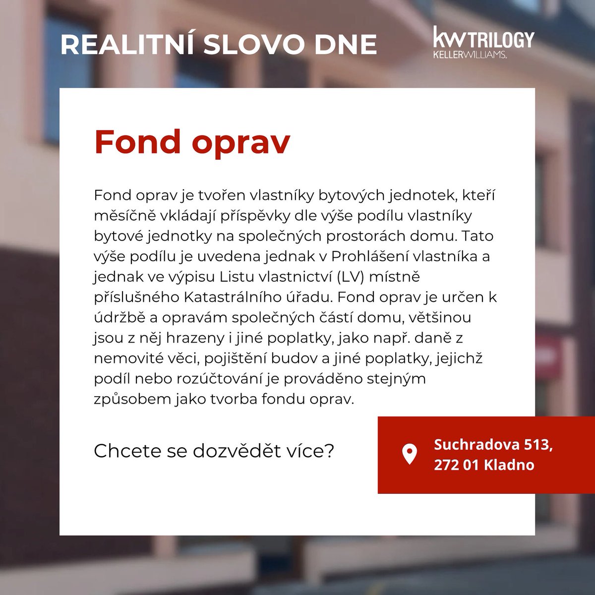 KW_Trilogy's tweet photo. 📘 REALITNÍ SLOVO DNE
🔧 Fond oprav – víš, co přesně znamená?

Zajímá tě, jak se výše příspěvku určuje nebo co všechno z fondu může být placeno?💰🏢

📍 Suchardova 513, Kladno
📩 Ozvi se nám, rádi ti to vysvětlíme.

#realitnislovodne #fondoprav #kw #kellerwilliamstrilogy #kladno https://t.co/gfKu4ncqM2