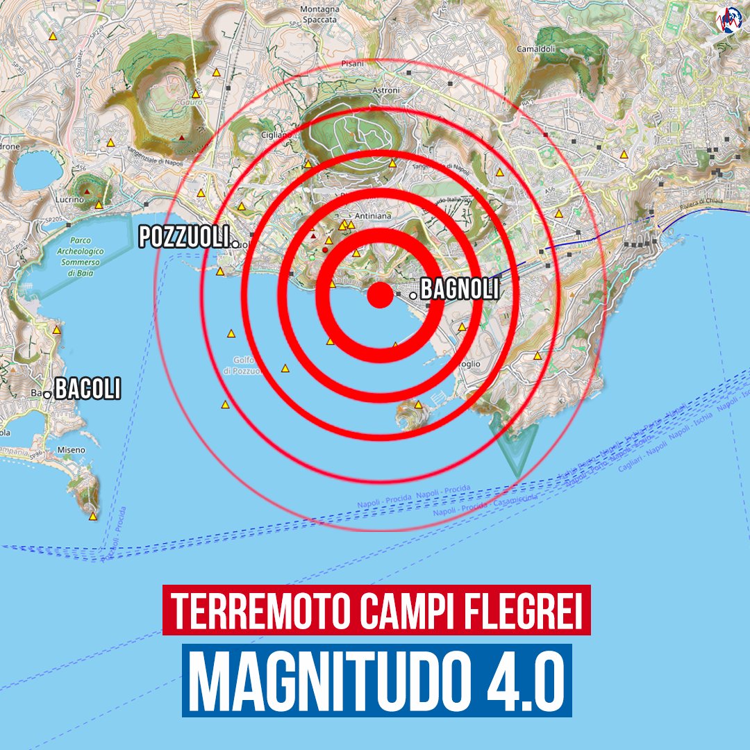 #CampiFlegrei | Un nuovo terremoto di magnitudo 4.0 è avvenuto alle 09:14 nei pressi di Bagnoli, nella parte orientale della caldera. La scossa è stata localizzata ad una profondità di 2,5 km ed è stata avvertita anche a Napoli e nei comuni della costa vesuviana.