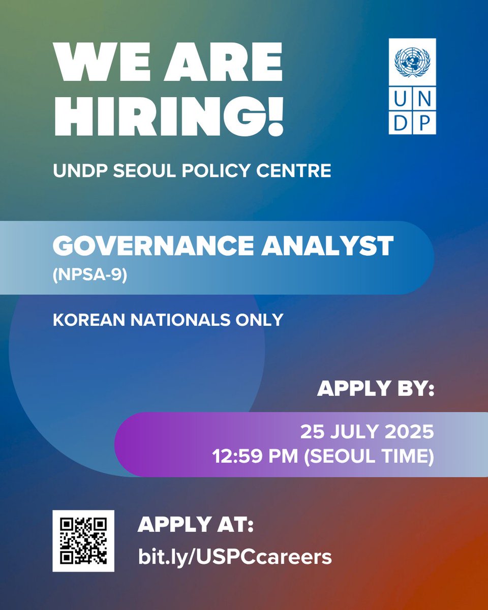 UNDP Seoul Policy Centre (@undpspc) on Twitter photo 📢 <a href="/UNDPSPC/">UNDP Seoul Policy Centre</a> is recruiting a #Governance Analyst (NPSA-9)!
✔️ Min. 2-4 yrs of experience in governance/anti-corruption/gender
✔️ Fluency in English & Korean
✔️ Development project experience
⏰ Apply by 25 Jul 2025, 12:59 PM (Seoul time)
➡️ More details: bit.ly/USPCcareers 📢 <a href="/UNDPSPC/">UNDP Seoul Policy Centre</a> is recruiting a #Governance Analyst (NPSA-9)!
✔️ Min. 2-4 yrs of experience in governance/anti-corruption/gender
✔️ Fluency in English & Korean
✔️ Development project experience
⏰ Apply by 25 Jul 2025, 12:59 PM (Seoul time)
➡️ More details: bit.ly/USPCcareers