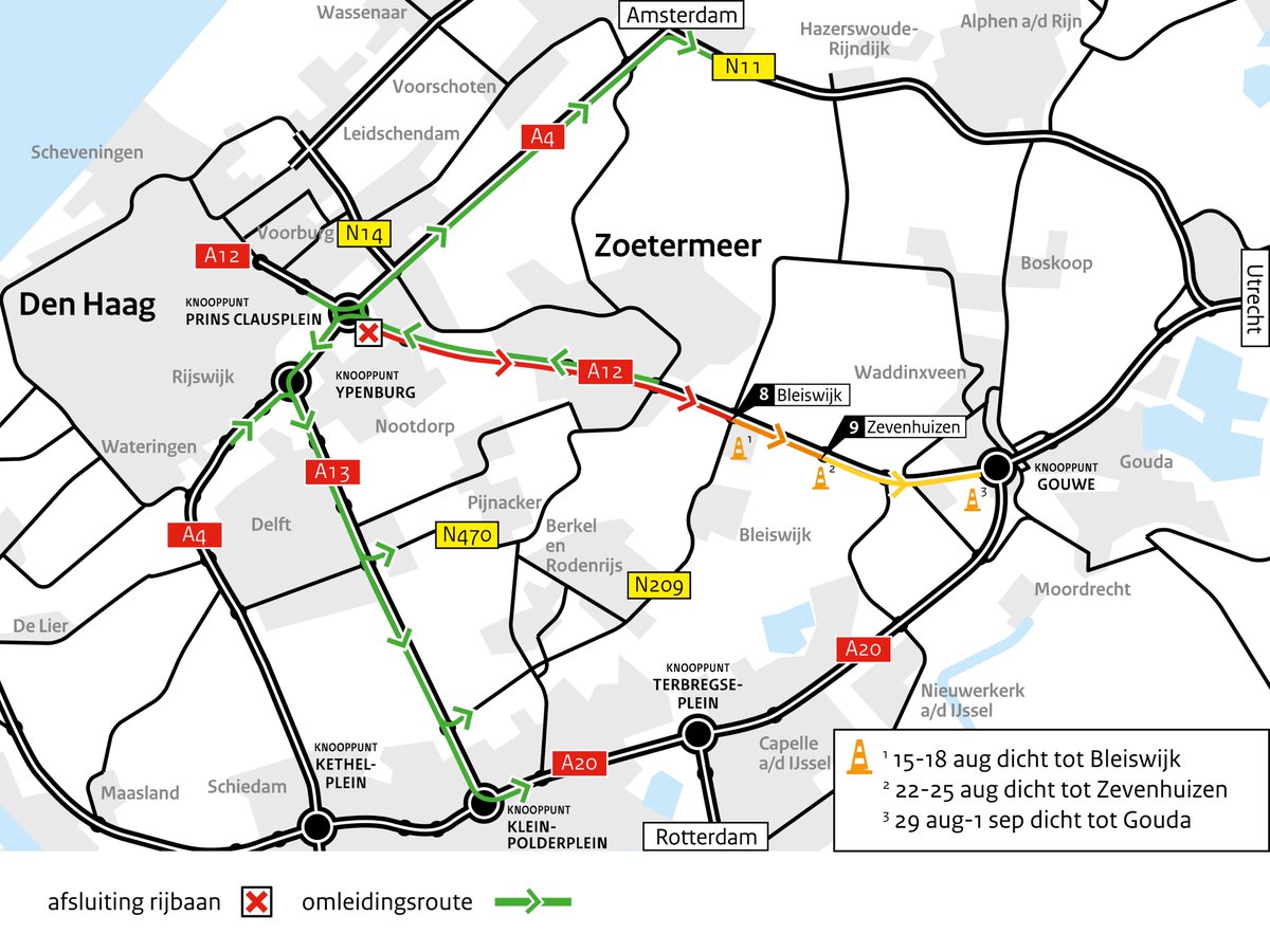 Rijkswaterstaat regio Zuid-Holland (@rws_wnz) on Twitter photo De #A12 is tussen 15 augustus en 1 september 3 weekenden dicht voor onderhoud tussen knooppunt Prins Clausplein bij <a href="/GemeenteDenHaag/">Gemeente Den Haag</a> en knooppunt Gouwe bij <a href="/GemeenteGouda/">Gemeente Gouda</a>. Houd rekening met omleidingen en extra reistijd van 30 tot 60 minuten, zie rijkswaterstaat.nl/onderhouda12. De #A12 is tussen 15 augustus en 1 september 3 weekenden dicht voor onderhoud tussen knooppunt Prins Clausplein bij <a href="/GemeenteDenHaag/">Gemeente Den Haag</a> en knooppunt Gouwe bij <a href="/GemeenteGouda/">Gemeente Gouda</a>. Houd rekening met omleidingen en extra reistijd van 30 tot 60 minuten, zie rijkswaterstaat.nl/onderhouda12.