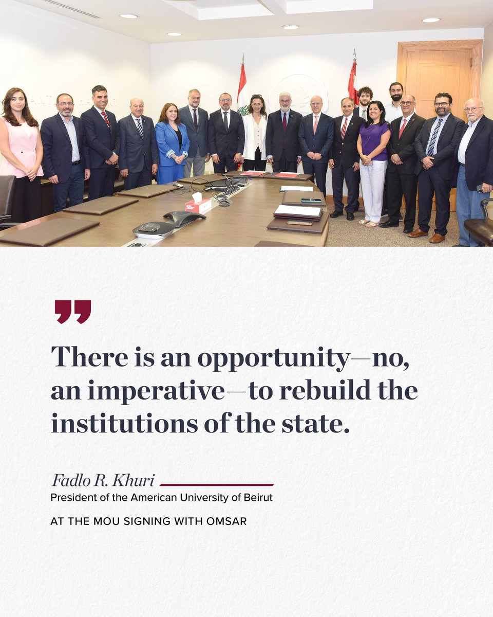 POAUB's tweet image. “There is an opportunity—no, an imperative—to rebuild the institutions of the state. #AUB stands ready to contribute, without limits, to that national mission.”
AUB President Fadlo R. Khuri at the MOU signing with OMSAR