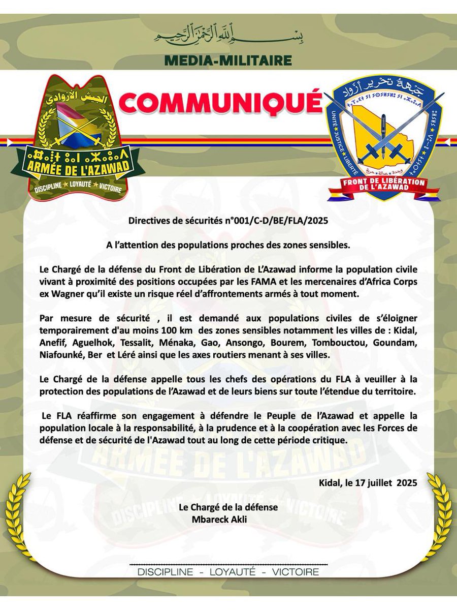 FLAZAWAD's tweet image. #FLA Directive de sécurité numéro 001 à l’attention des populations habitant les zones sensibles.