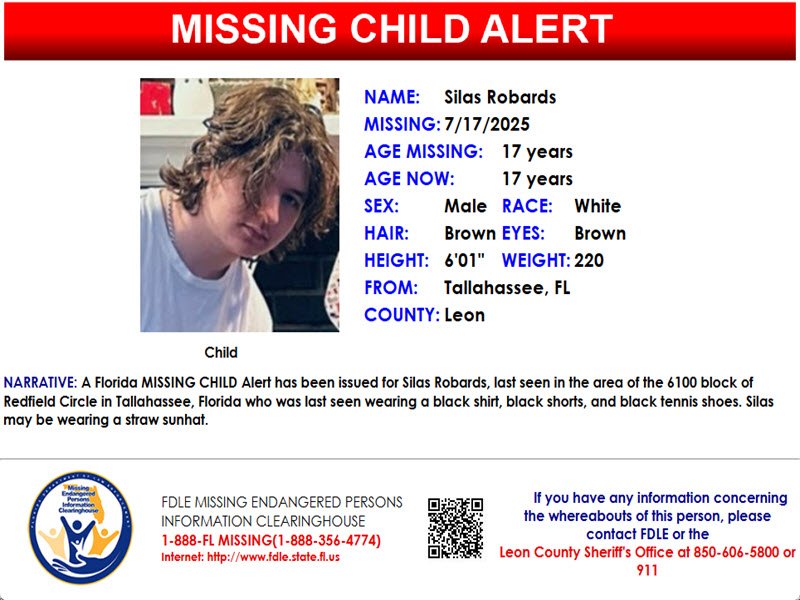 fdlepio's tweet image. Please share! A Florida MISSING CHILD Alert has been issued for Silas Robards, a white male, 17 years old, 6 feet 1 inch tall, 220 pounds, brown hair and brown eyes, last seen in the area of the 6100 block of Redfield Circle in Tallahassee, Florida, who was last seen wearing a…