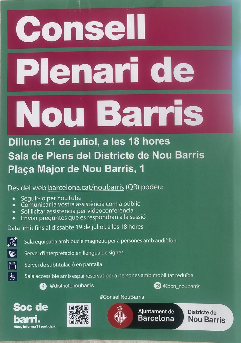 Próximo Consell Plenari de Nou Barris. Lunes 21/07/25 18:00 h. Lugar: Sala de Plenos del Distrito #NouBarris #Barcelona