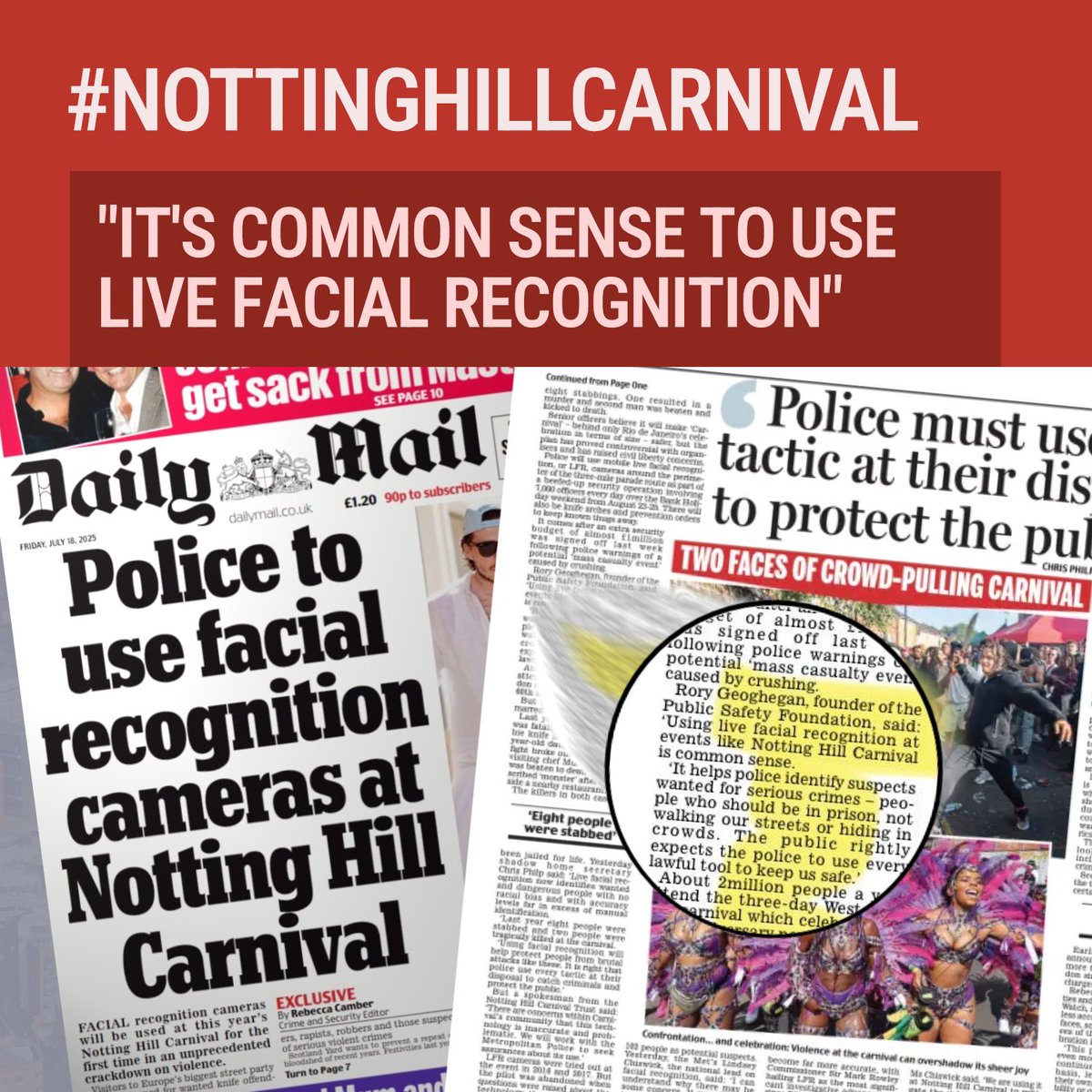 PublicSafetyFdn's tweet image. ✅ "Using live facial recognition at events like #NottingHillCarnival is common sense"
Our Founder, @RoryGeo, on reports that the @MetPoliceUK will be deploying live facial recognition cameras to Notting Hill Carnival - after last year's event saw eight people stabbed and two…