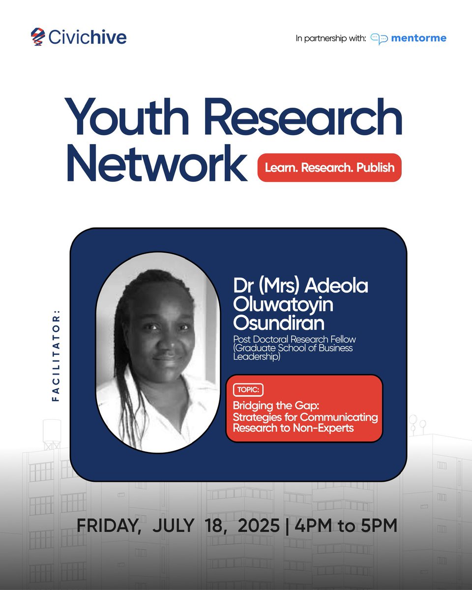 CivicHive's tweet image. Learn How to Make Your Research Accessible to Everyone!
Dr. Adeola Oluwatoyin Osundiran will be joining us in class today as she reveals expert strategies for "Bridging the Gap: Communicating Research to Non-Experts" in our next YRN session.
We’ll learn how to simplify complex…