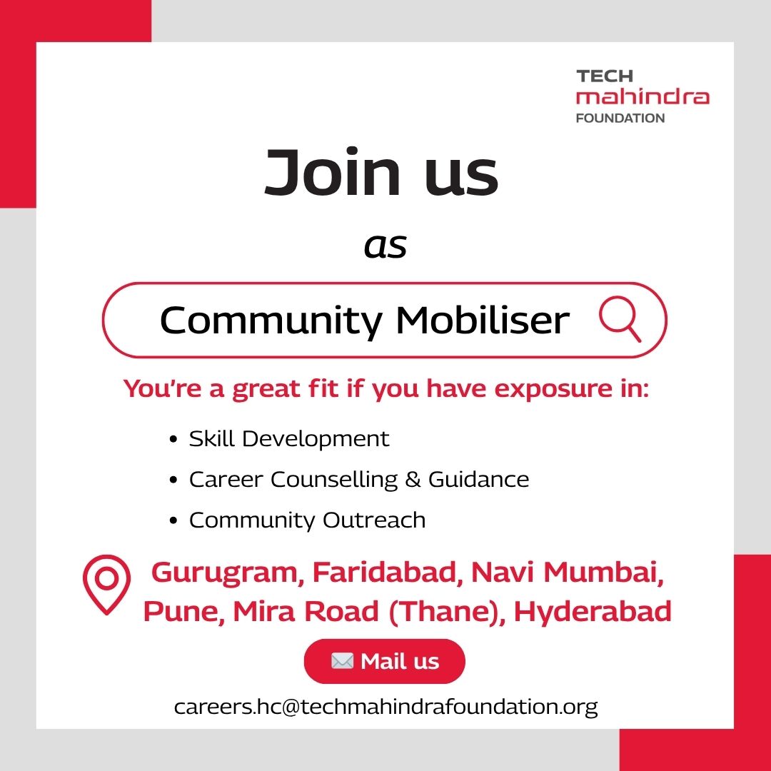 techmahindracsr's tweet image. We’re Hiring | Community Mobilizer
At Tech Mahindra Foundation (TMF), we’re committed to empowering communities through education, employability, and inclusion. We are looking for dynamic Mobilizers to join our team and drive outreach efforts, connecting aspiring learners to…
