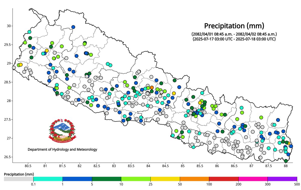 ClimateDhm's tweet image. #Daily_Weather_Summary_18th_July_2025
The highest daily precipitation (51.0mm) is recorded at Siklesh (Kaski) today. The highest temperature (36.8°C) is recorded at Gaur (Rautahat) and the lowest (10.9°C) at Humde (Manang). For more, visit dhm.gov.np/climate-