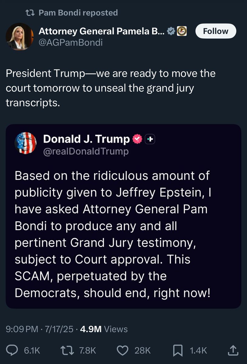 JuddLegum's tweet image. No one will be fooled by this. People are asking for the release of the evidence from the Epstein investigation. The grand jury transcripts are something else entirely and would exclude almost all evidence.