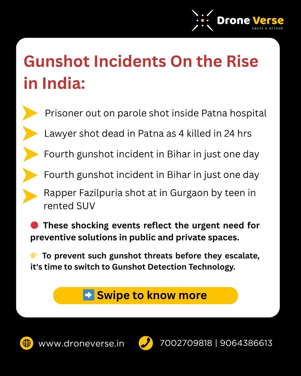 DroneVerse_'s tweet photo. 🚨 Gunshots in hospitals, streets & public spaces are rising across India.
It’s time to act with Gunshot Detection Tech by DroneVerse – AI-powered, real-time alerts for faster response & safety.
📞 https://t.co/FNVLJYWcUJ | 7002709818
#GunshotDetection #DroneTech #AIforSafety https://t.co/MTfmPtowCf