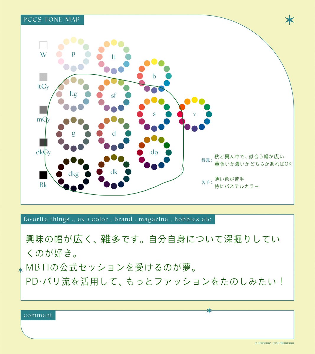 ttm_m0's tweet photo. パリ流2回目受けたので更新！！！！
自分のことを知ることが目的になってるような気もするけどそれを楽しんでるイメコン&amp;雑多垢です。よろしくお願いいたします。 #イメコン自己紹介カード https://t.co/cJ4KK2ztN9