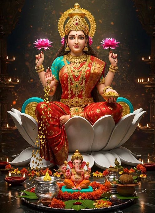 The image depicts Goddess Lakshmi, a central figure in Hinduism, seated on a large white lotus flower, adorned in a red and gold sari with intricate jewelry and a golden crown, symbolizing wealth and prosperity. She holds lotus flowers and gold coins, with a small statue of Lord Ganesha at her feet, surrounded by oil lamps and floral decorations, creating a divine and serene setting. The post text, praising simplicity, humility, and invoking Lakshmi with "Jai Maa Lakshmi," aligns with the image’s Diwali or devotional context, emphasizing her role as the goddess of fortune. No platform watermarks are visible.
