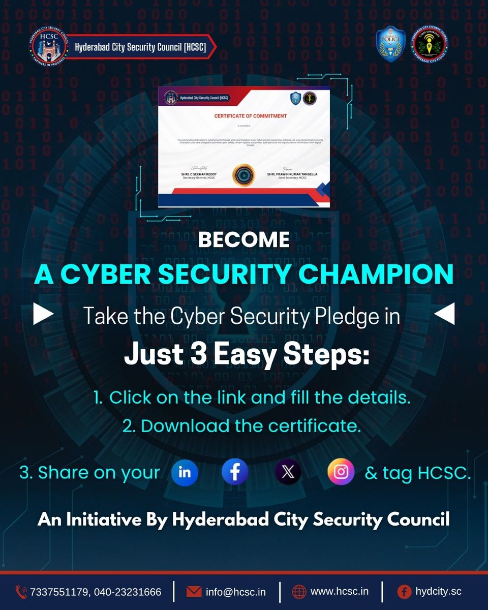 HCSC_Hyd's tweet image. 🔐 Take the Cyber Security Pledge with HCSC! 🔐
Protect your digital world in 3 easy steps:
1️⃣ Fill the form: form.jotform.com/243072946882466
2️⃣ Get your certificate
3️⃣ Share &amp;amp; tag @HCSC_Hyd 
Let’s build a safer cyberspace together!
#CyberPledge #CyberSafeWithHCSC #CyberSecurity