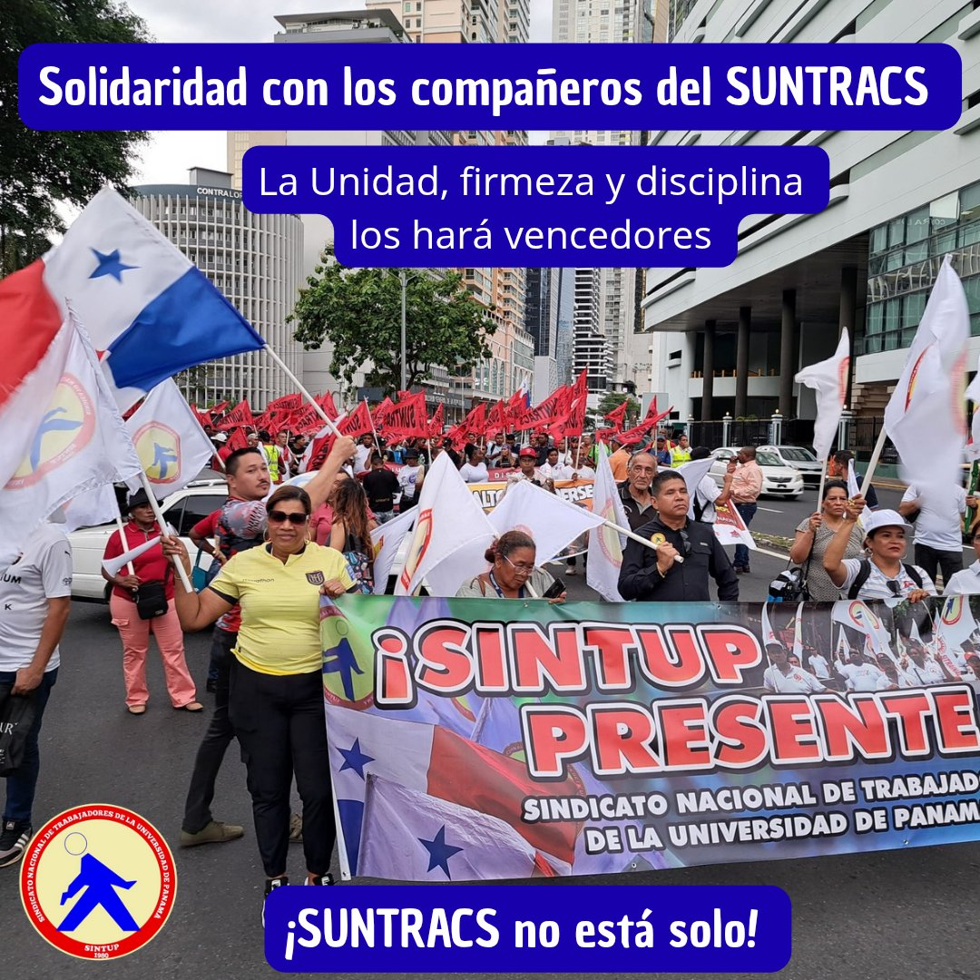 sintupup's tweet image. Frente a los ataques que recibe el SUNTRACS que buscan reducirlos a su mínima expresión, el SINTUP se solidariza pues estamos ante un brutal ataque contra todos los trabajadores organizados.
¡La unidad nos hará vencedores! @SuntracsPanama