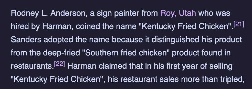 justydev's tweet photo. The name "Kentucky Fried Chicken" came from someone they hired to make a sign. 

A lot of clients think they just need a website, but they really need a brand. https://t.co/9ytCWP26sQ