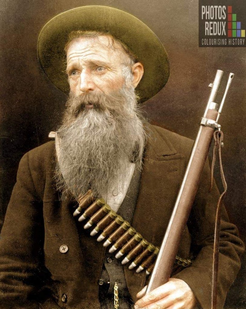 boershistory's tweet image. Great work done by 'Photos Redux' for their part in 'Colourising History'. Colour by Tinus le Roux.
Burgher from a Boer Commando
Boer Commandos were volunteer militias during conflicts like the Anglo-Boer Wars