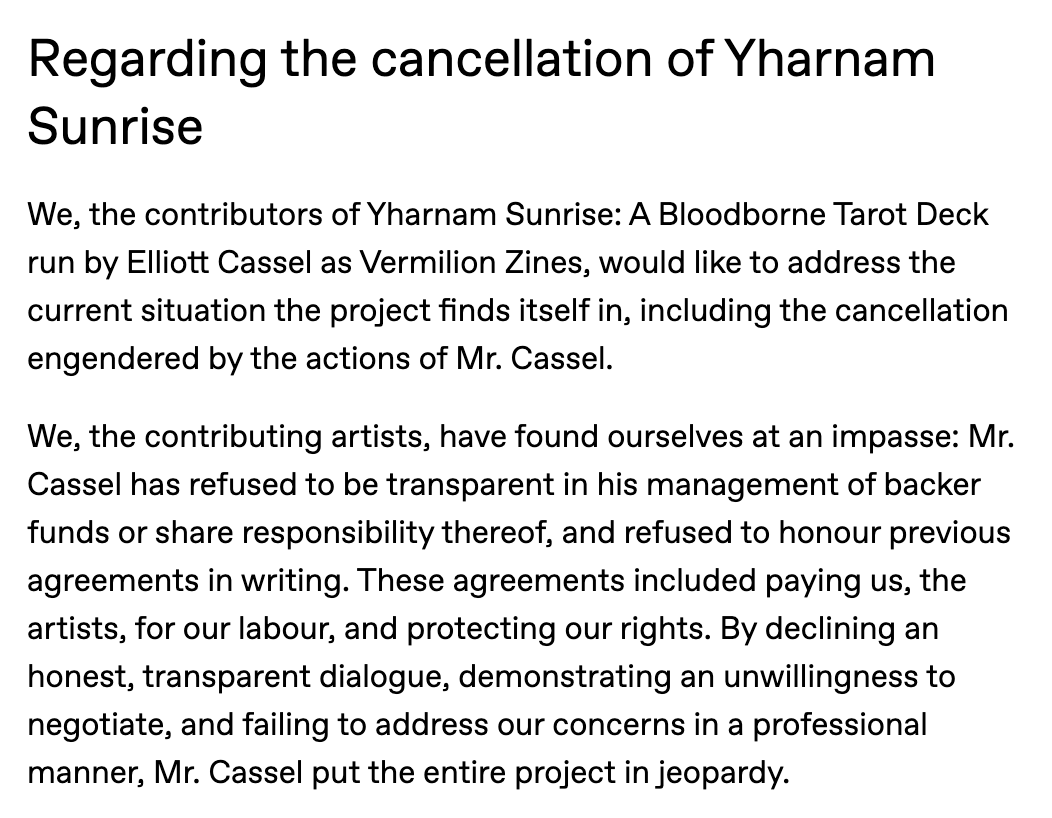 revivaldivpub's tweet photo. Hello hello! This is Revival Divinations, the team currently developing a Bloodborne themed tarot. You may recognise our work from the Yharnam Sunrise tarot. 

Tumblr(main)/IG/Bsky: @/revivaldivinations

Below is our official statement on our departure from that project (1/4): https://t.co/d4cUOWhvki