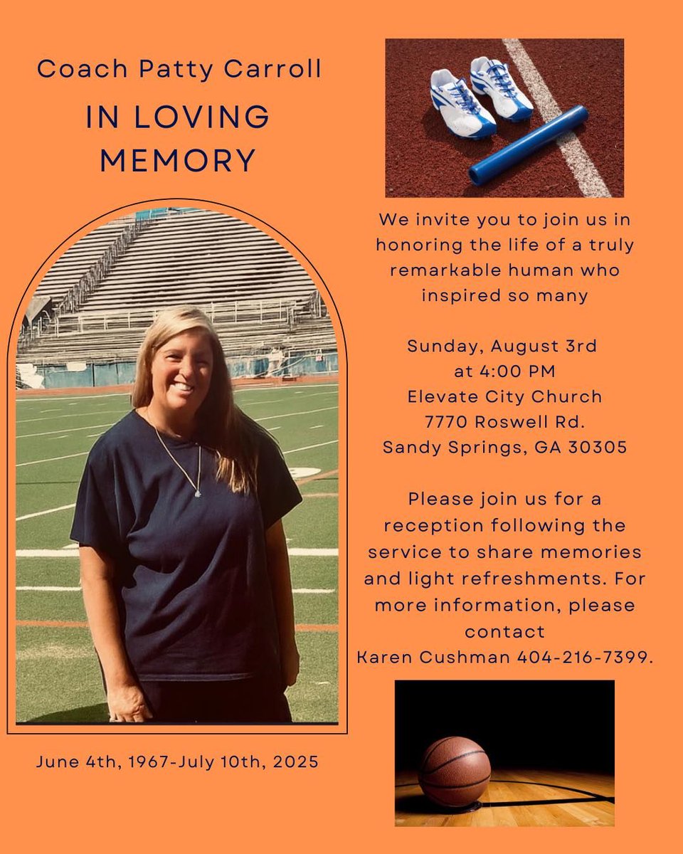 North Springs High School Official Account (@northspringshs) on Twitter photo In Loving Memory
Honor the life of Coach Patty Carroll
Sunday, August 3rd, 4 pm
Elevate City Church
7770 Roswell Road, Sandy Springs
#northspringsathletics <a href="/FCS_NSHS_Princ/">Scott Hanson</a> <a href="/alexbatesedu/">Alexandra Bates</a> <a href="/AD_SpartaNation/">Coach Thomas</a> In Loving Memory
Honor the life of Coach Patty Carroll
Sunday, August 3rd, 4 pm
Elevate City Church
7770 Roswell Road, Sandy Springs
#northspringsathletics <a href="/FCS_NSHS_Princ/">Scott Hanson</a> <a href="/alexbatesedu/">Alexandra Bates</a> <a href="/AD_SpartaNation/">Coach Thomas</a>