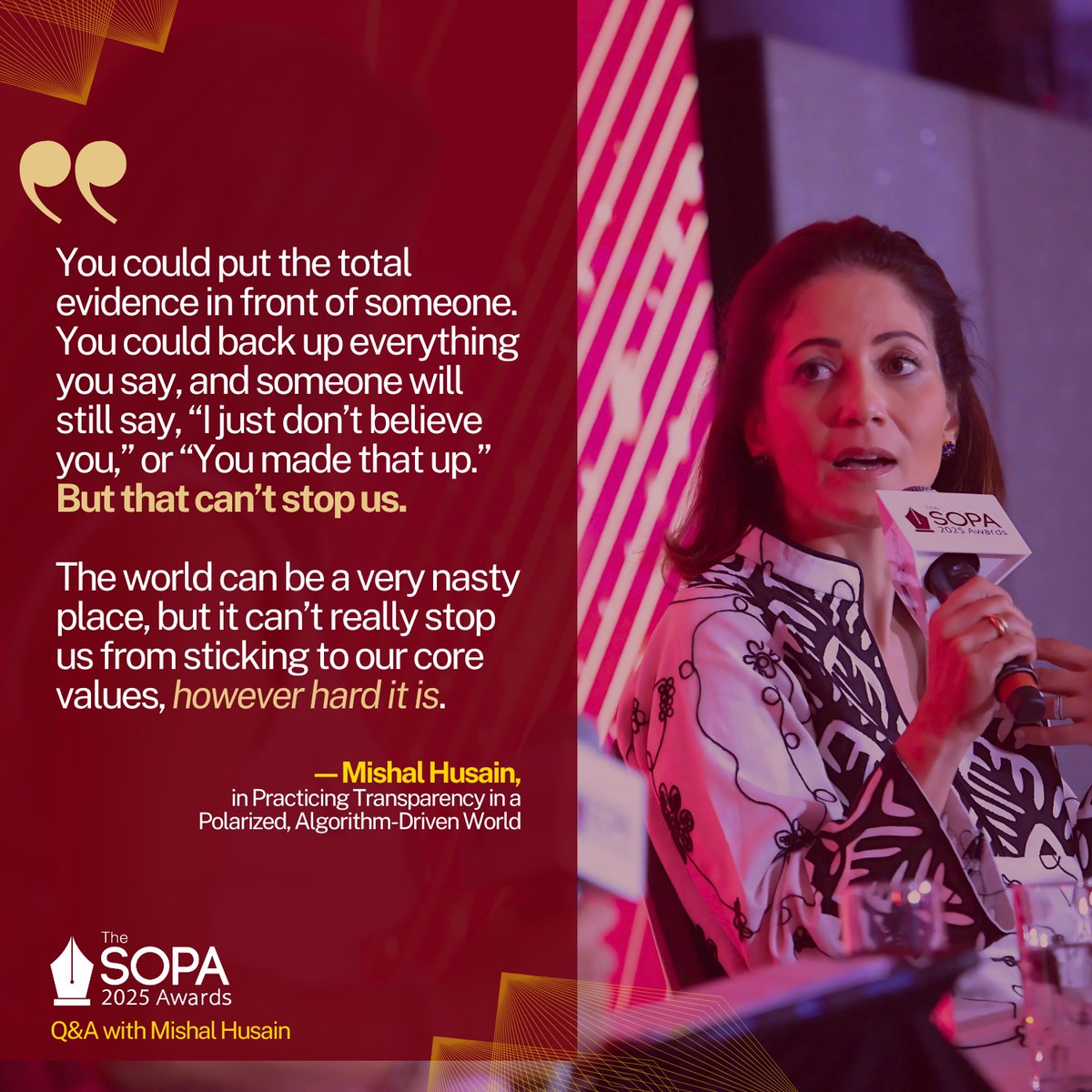 sopasia's tweet image. What does it mean to be a journalist today when AI transforms workflows, social media distorts truth, and trust is harder to earn?
📺 WATCH: youtu.be/Z2oEj3U84jw?si…
At #SOPAwards2025, @MishalHusain and @kohmarzo explored journalism’s evolving realities in a fast-changing world.…
