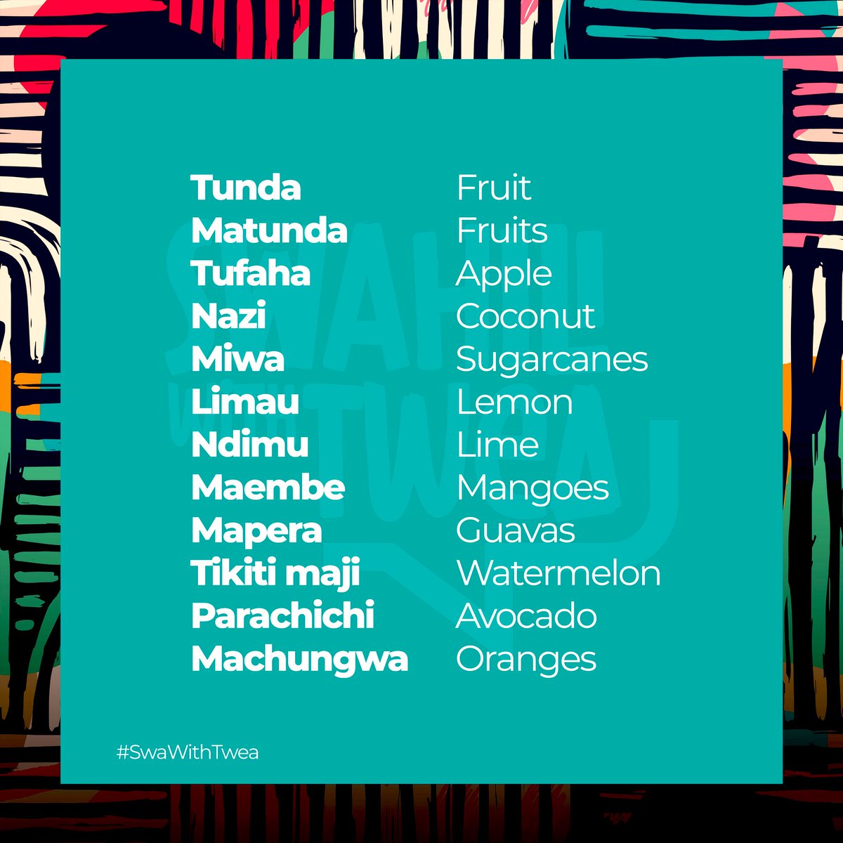 KiswahiliNaTwea's tweet image. Hamjambo
Learn #Swahili daily
NB: Passion fruits are “Matunda ya karakara”
#SwaWithTwea