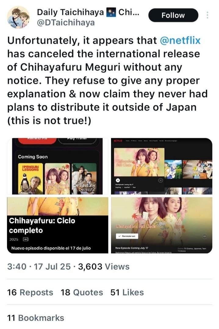 /jdm chihayafuru: meguri seharusnya masuk di netflix worldwide kemarin, ternyata drama ini malah nggak jadi masuk netflix worldwide 😔

sayang sekali dramanya cuman masuk di netflix region jp 🥲
