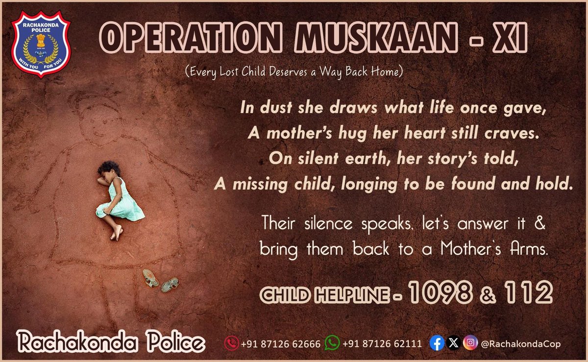 📷Operation Muskaan-XI
In dust she draws what life once gave,
A mother’s hug her heart still craves.
On silent earth, her story's told,
A missing child, longing to be found and hold.
Their silence speaks, let's answe it &amp; bring them back to a Mother's arms
📷 Child Helpline: 1098