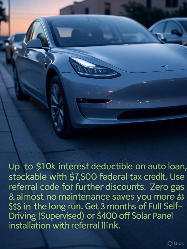 Dragonboy155's tweet image. Tesla vehicles are eligible for up to $10k in interest on your auto loan being deductible
You can stack this with the $7,500 federal tax credit
Use a referral code for further discounts (Mine is below).
Combined with zero gas & almost no maintenance, a Tesla saves you more…