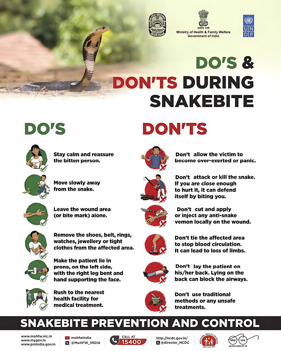 HCSC_Hyd's tweet image. Snake Bite &amp;amp; Prevention: What You Need to Know

Check out the poster on essential Do’s and Don’ts — because a quick response can make all the difference.

Learn how to prevent snake bites
Avoid common mistakes after a bite
Share this to spread awareness!

#SnakeBiteAwareness