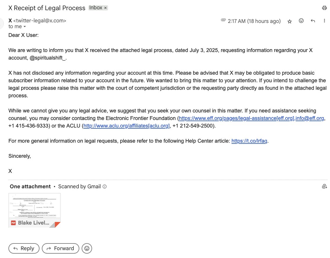 spiritualshift_'s tweet image. 🚨 BREAKING EXCLUSIVE: Blake Lively’s Legal Team Subpoenas 20 X Users—Unredacted Subpoena Reveals Usernames — I’m One of Them

I was just subpoenaed over my X posts on the Blake v. Justin case. Like many of you, I share my thoughts and opinions on publicly available information.…