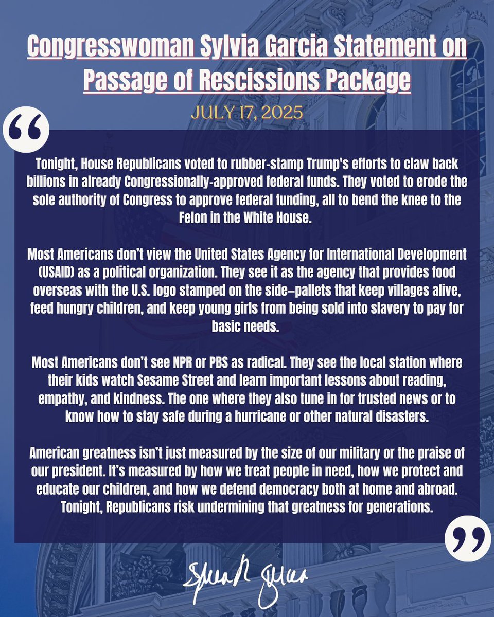 RepSylviaGarcia's tweet image. While kids were asleep, House Republicans gutted PBS and global food aid for the first time in decades—just to please the Felon in the White House.
I stand with the children, not Trump. I voted NO.