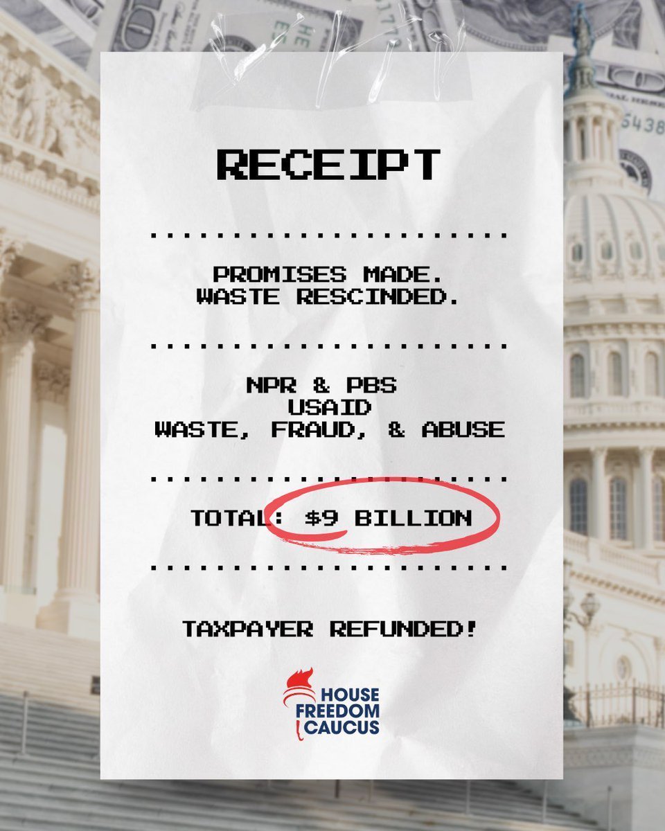 RepOgles's tweet image. The House just passed the rescissions package, delivering a MASSIVE $9 billion refund to taxpayers.
The woke and weaponized NPR, PBS, and USAID have been ELIMINATED.
Promises made, promises kept. 💪