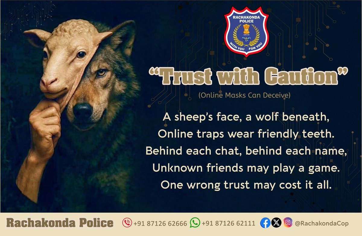 #TodaysThemePoster
Trust with Caution
A sheep’s face, a wolf beneath
Online traps wear friendly teeth.
Behind each chat, behind each name,
Unknown “friends” may play a game.
One wrong trust may cost it all.
Stay Alert Stay Safe!
#TrustWithCaution #CyberSafety #StaySafeOnline