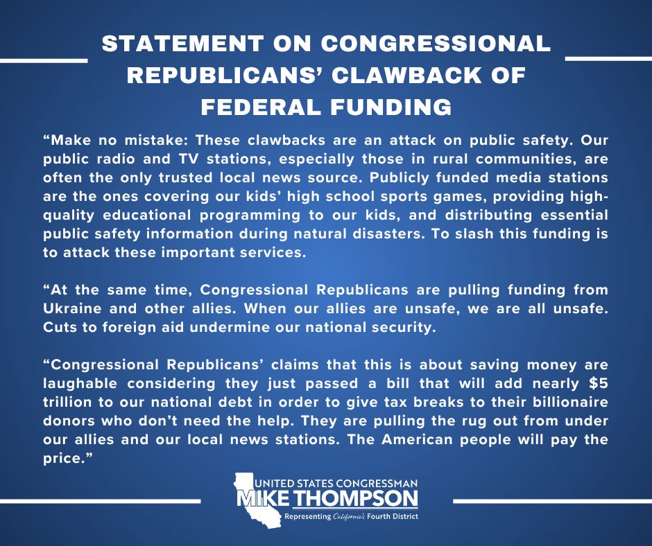 RepThompson's tweet image. Read my full statement on the passage of Congressional Republicans’ bill to take back federal funding from public media stations and foreign aid programs that was already approved by Congress and signed into law.