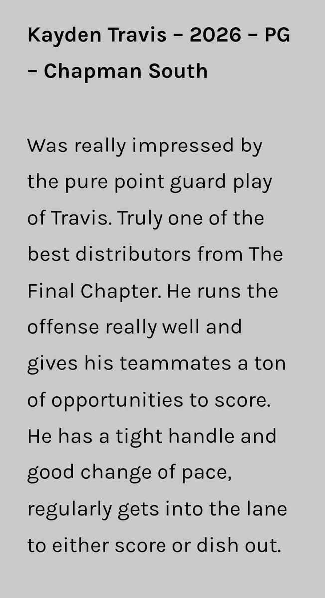 Chapman South (@cbasouth_u17) on Twitter photo Congrats to Kayden Travis. <a href="/ny2lasports/">NY2LA SPORTS</a> The Final Chapter Standout for his Point Guard abilities. Handles, Great vision, passing, defense, speed to lead our CBA South 17u Black squad.
One Last Dance this weekend @ Summer Jam
<a href="/comeh00pw_kayy/">Kayden Travis</a>
<a href="/BuddyJaffee/">Buddy Jaffee</a> Congrats to Kayden Travis. <a href="/ny2lasports/">NY2LA SPORTS</a> The Final Chapter Standout for his Point Guard abilities. Handles, Great vision, passing, defense, speed to lead our CBA South 17u Black squad.
One Last Dance this weekend @ Summer Jam
<a href="/comeh00pw_kayy/">Kayden Travis</a>
<a href="/BuddyJaffee/">Buddy Jaffee</a>