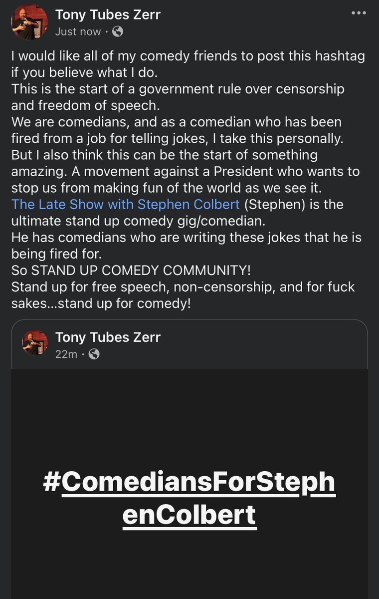 TonyTubesZerr's tweet photo. @StephenAtHome #StephenColbert #comediansforstephencolbert #comedy #standupcomedy #standupcomedian #comedian #censorship #trump #DonaldTrump #cbs god I hope my comedy brothers and sisters answer this call. https://t.co/VMPiGzLFMS