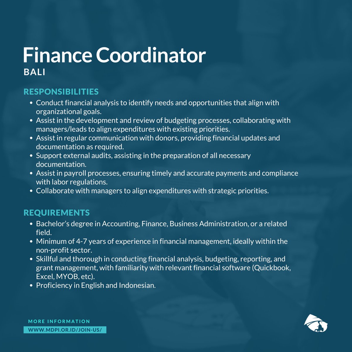 Calling all finance experts!

MDPI is seeking a Finance Coordinator based in Denpasar, Bali. Apply before July 26th 2025 through the link below:

mdpi.or.id/en/join-us/car…

#HappyPeopleManyFish #kerjaNGO #lowongankerjabali #lokerakuntansi #lokerfinance #MDPI #lokercot