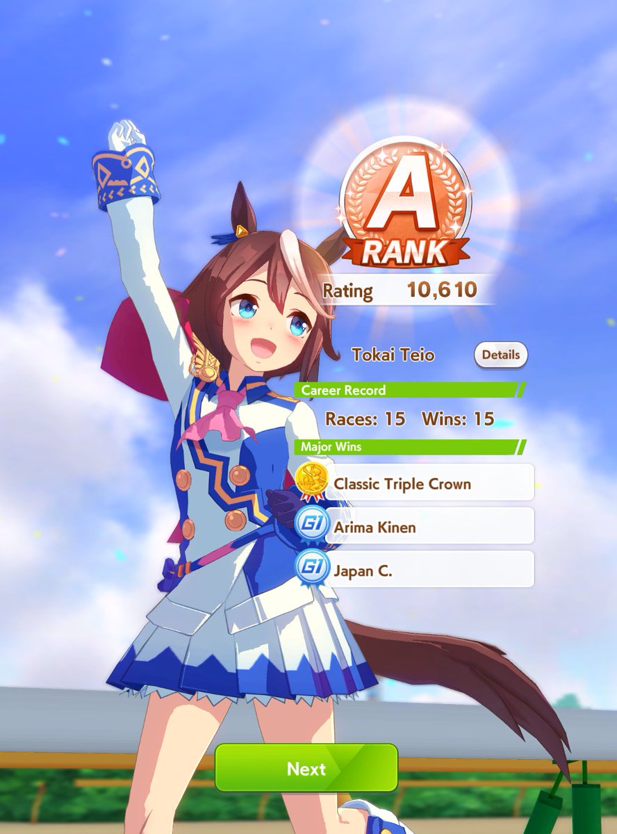 Did a run for the daily and Teio was simply unstoppable. First A Rank \o/

No Kitasan today though ): Better luck tomorrow. Will stream it at 12. 

#umamusume