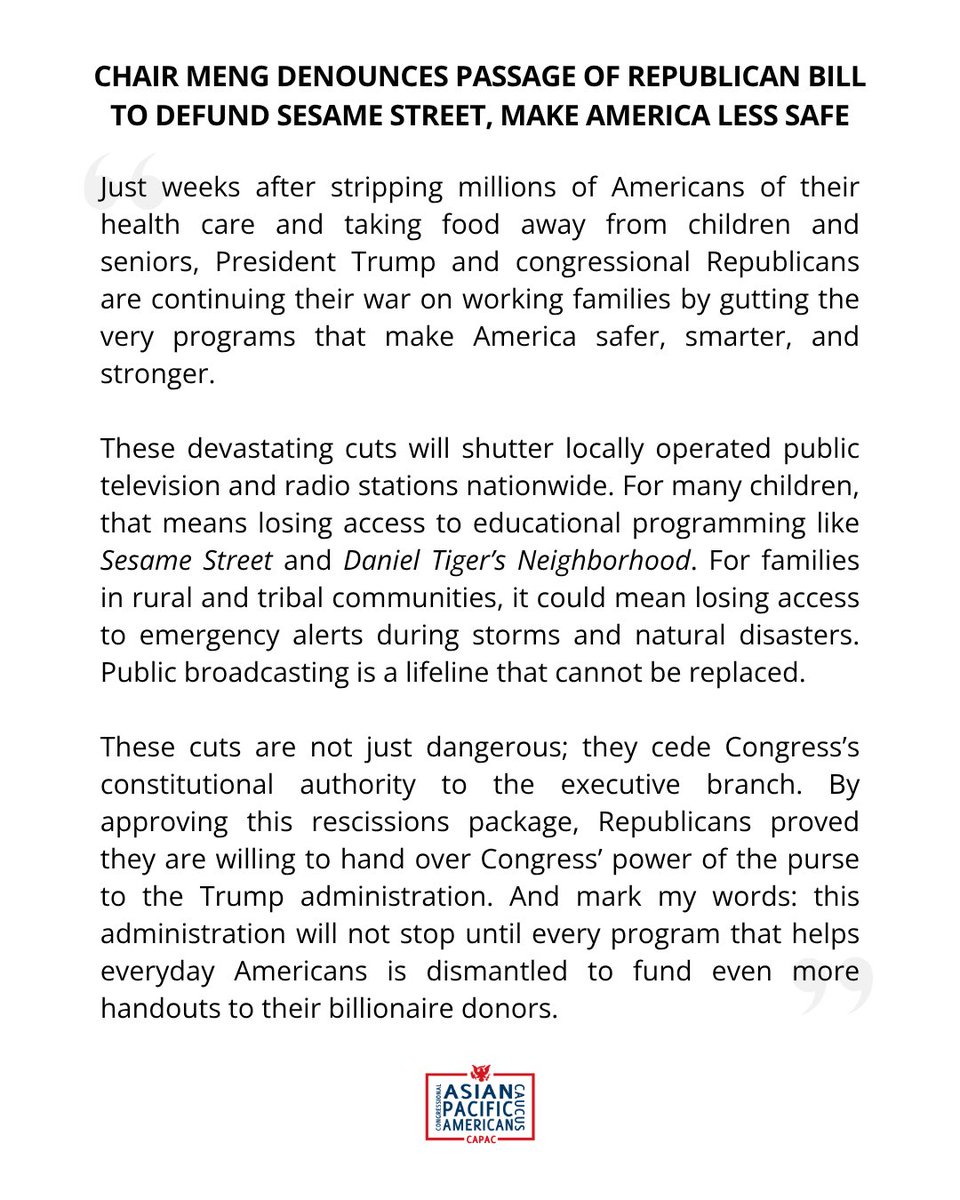 CAPAC's tweet image. CAPAC Chair @RepGraceMeng denounces passage of Republican bill to defund Sesame Street, make America less safe: